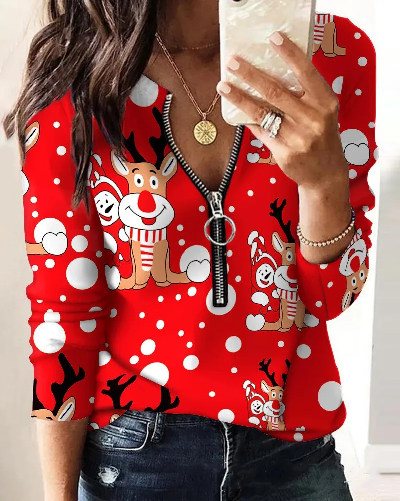 

Fashionable popular autumn and winter new casual Christmas print pullover V-neck long sleeved women's sweater