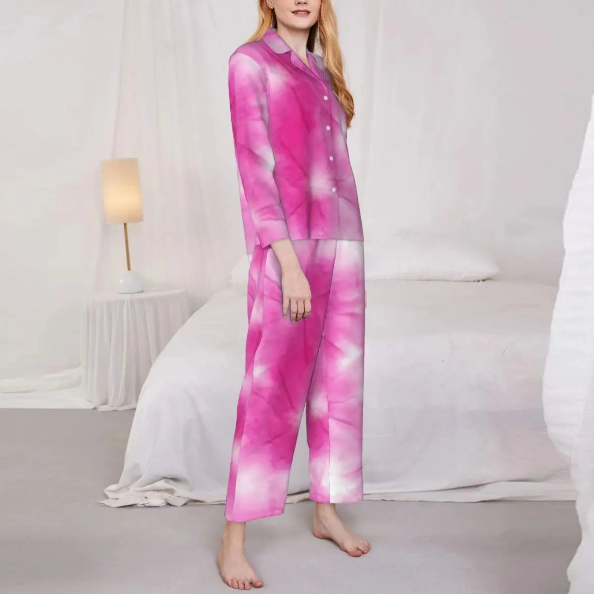 

Пижама женская белая/розовая, комнатная одежда для сна с абстрактным кружевным краем, винтажный пижамный комплект из 2 предметов, модный домашний костюм с длинным рукавом