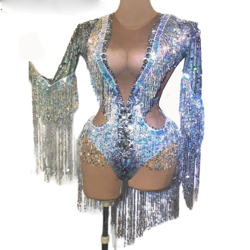 

Women Sparkling Silver Rhinestone Sequin Tassel Party Bodysuit Stretch Dance Fringes Jumpsuit Club Dj Singer Leotard Stage Wear