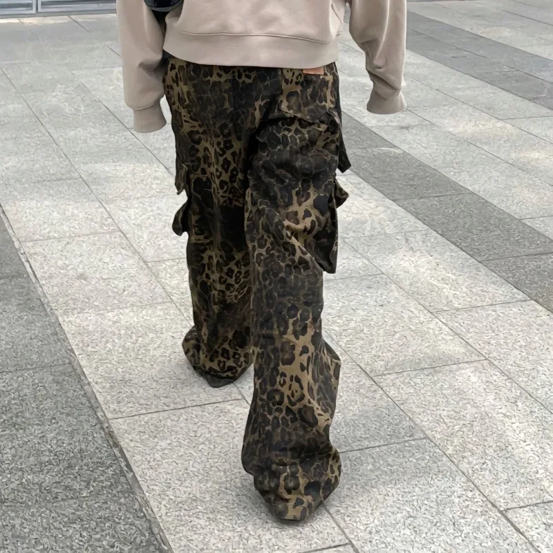 Deeptown Leopard Jeans Women Harajuku Denim Pants Oversize Vintage Wide Leg Cargo Trousers Female Y2k Streetwear Hip Hop Casual