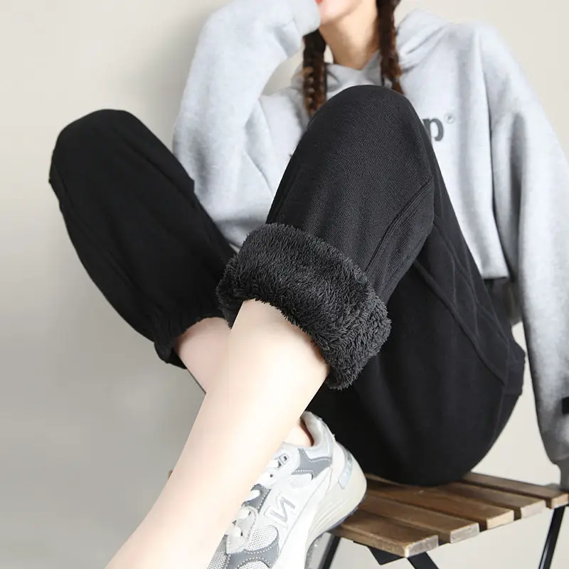 Autumn Winter Lamb Harem Pants Women Solid Colors High Waist Plus Velvet Sweatpants Korean Big Size Baggy Ankle-Length Pants