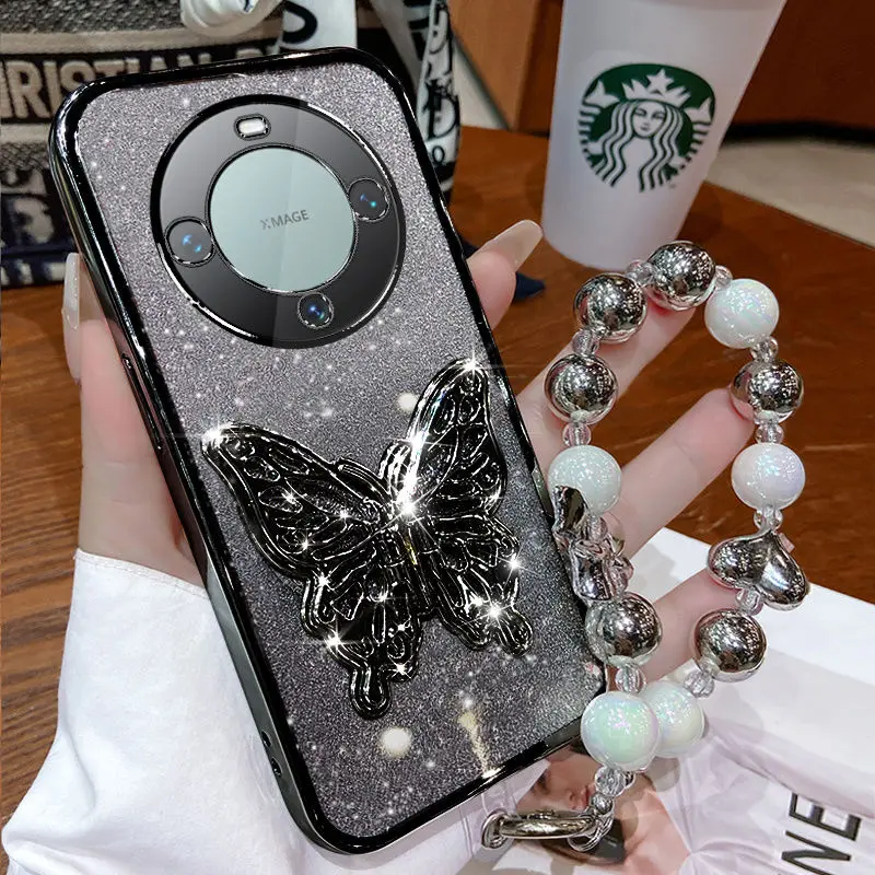 Glitter Plating 3D Butterfly Bracelet Phone Holder Case