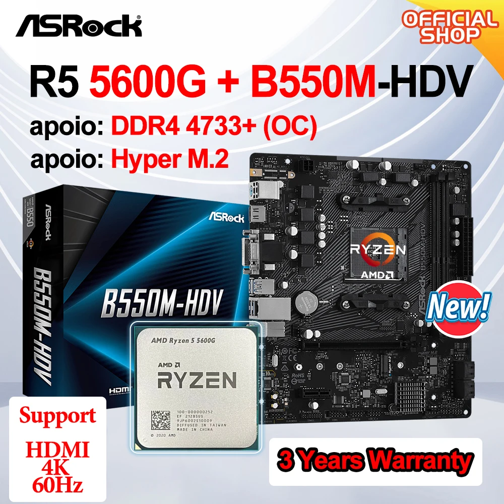 Novo amd kit ryzen 5 5600g prosesor cpu + asrock B550M-HDV micro-atx mainboard 64gb ddr4 am4 placa mãe kit placa mãe mae gamer