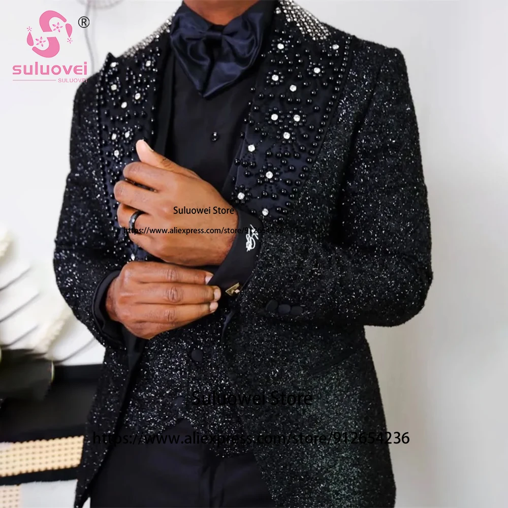Sparkly Sequined Crystal Beaded Suits For Men Luxury Slim Fit 3 Piece Pants Set Groom Wedding Party Prom Tuxedo Blazer Masculino tailor made suit with pants white wedding tuxedo for groom with gold shawl lapel 3 piece slim fit men suits set blazer terno
