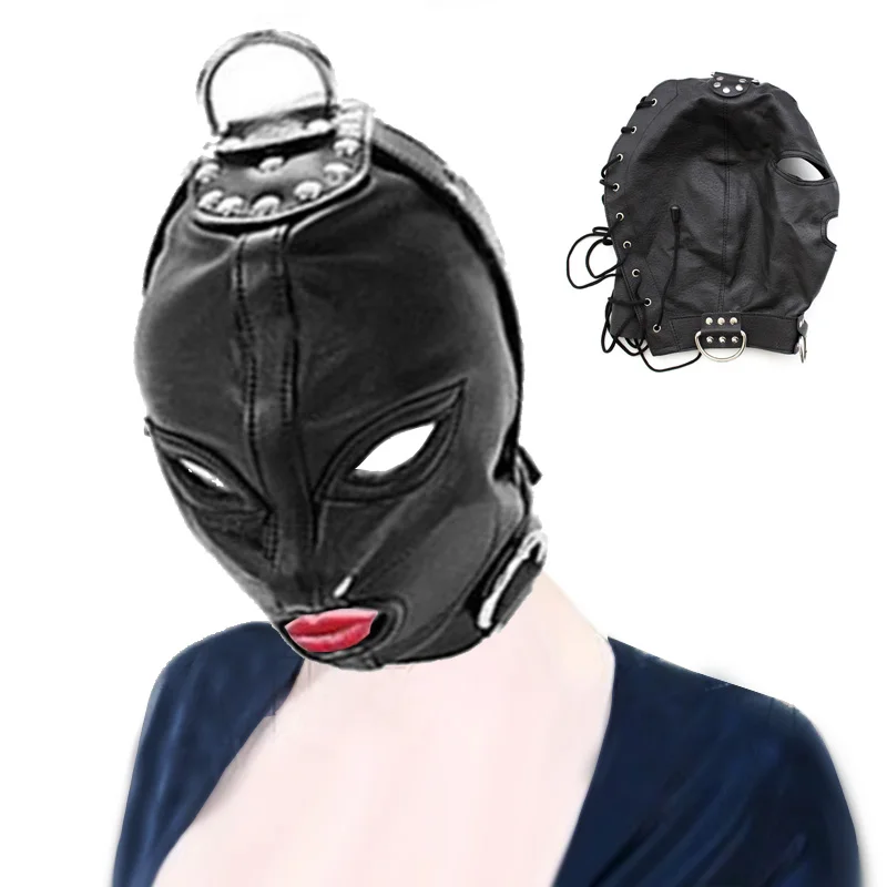 Capot masqué de bondage Bdsm, masque en cuir PU à suspension suspendue, bouche et oeil ouverts d'esclave G_voghion.com
