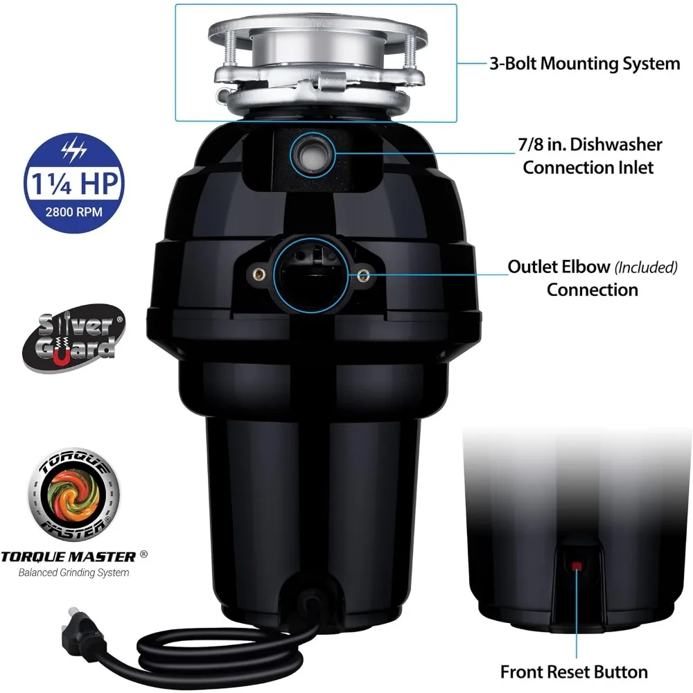 10-US-WM-658-3B Garbage Disposal Anti-Jam Stainless Steel Food Waste Grinding System, 1-1/4 HP Premium, Black 3