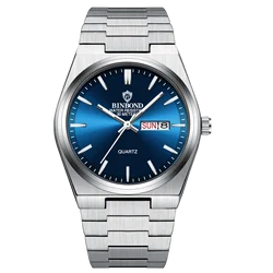 BINBOND Luxury Men's Waterproof Luminous Date & Day Quartz Stainless Steel Watch (Silver Blue)