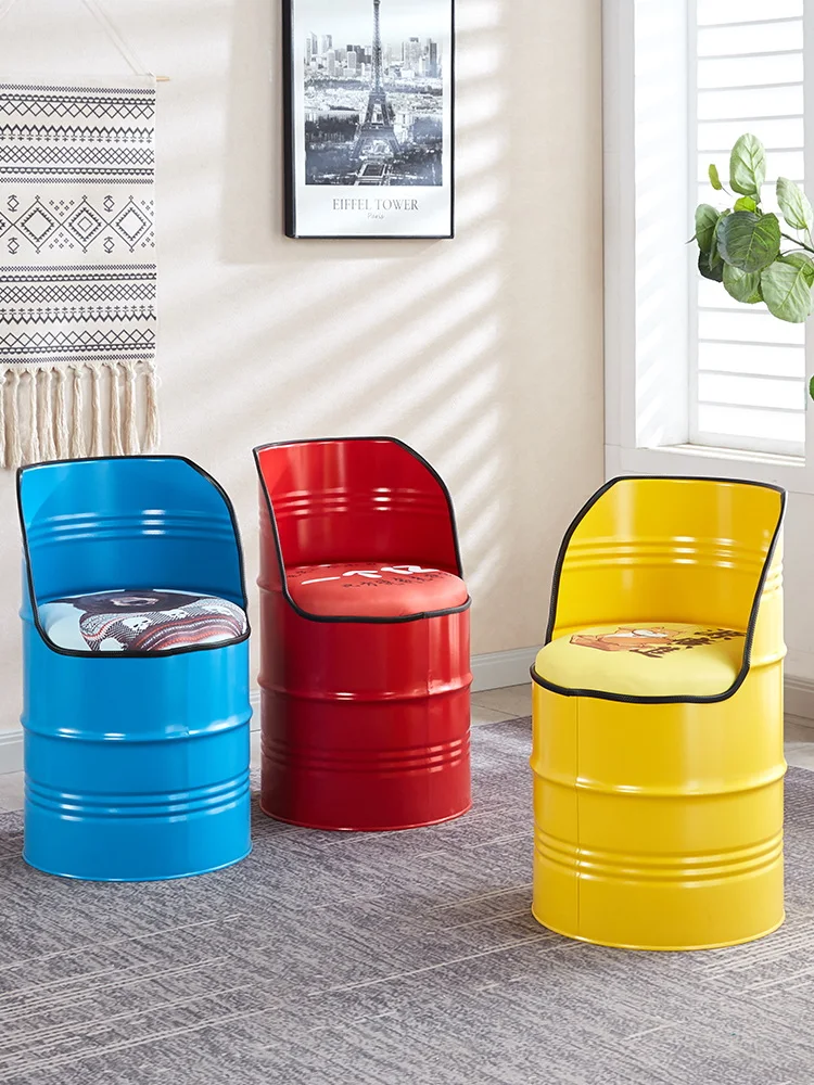 Iron bucket stool Barbecue shop iron round stool back chair storage paint bucket stool theme restaurant industrial wind bucket