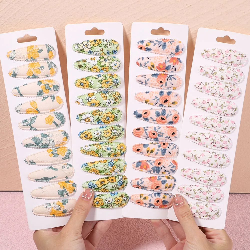 10Pcs/Lot Girls Printed Floral Cotton Basic Snap BB Clip Sweet Bobby Hairpin Plain Striped Handmade Hair Accessories Wholesale