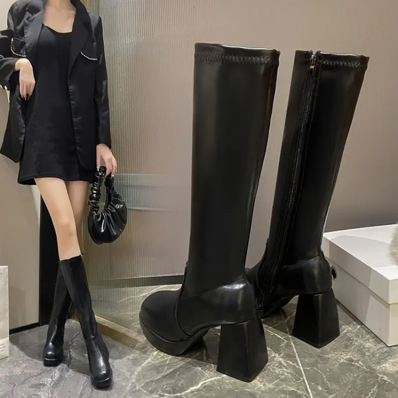 Winter High Boots Women Platform Leather 2024 Heels Elegant Knee High Boots Autumn Ladies Long Shoes Comfortable Designer New 44