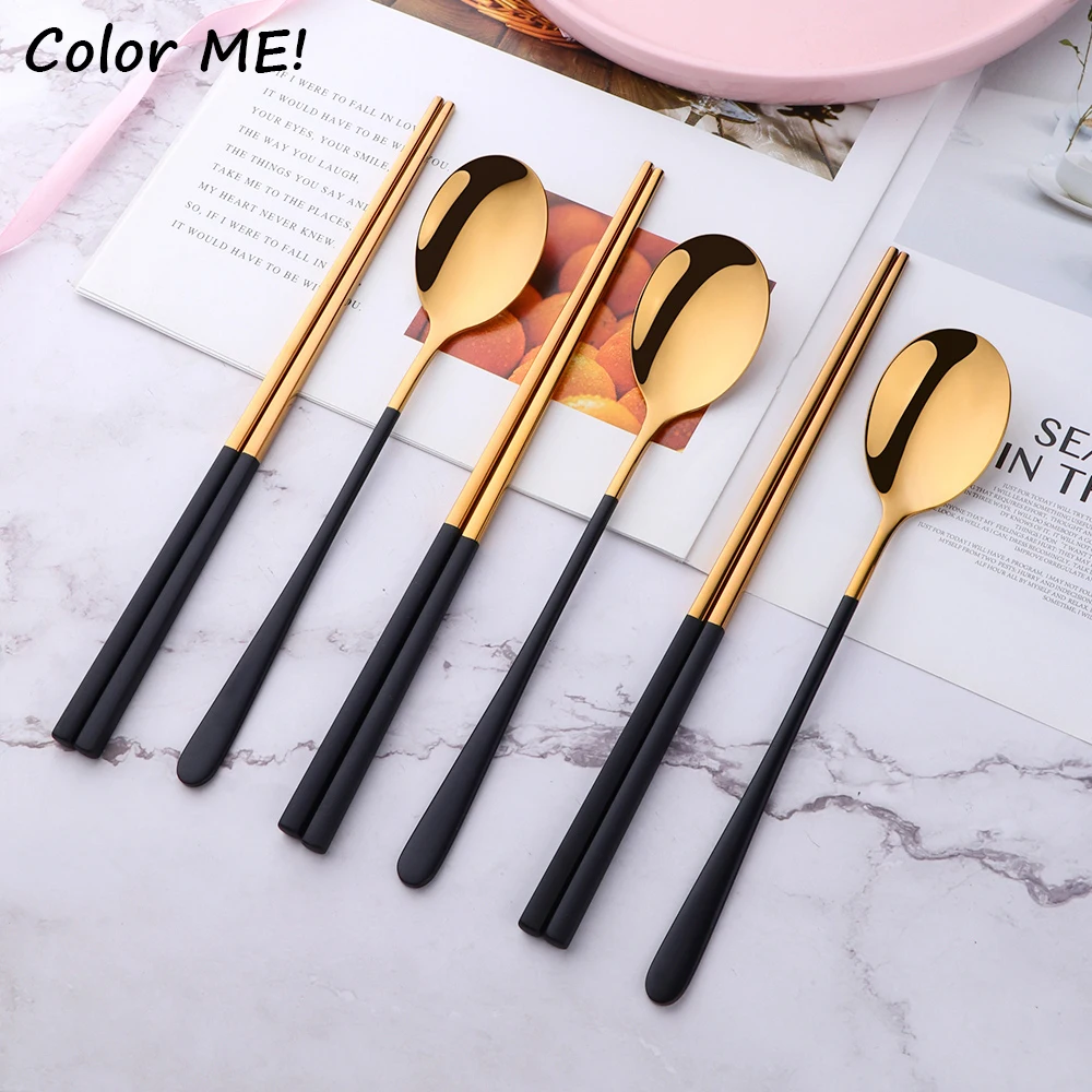 Stainless Steel Cutlery Set Picnic Cutlery Set Western Style Cutlery Set Camping Cutlery Set 2Pcs 18/8 Stainless Steel Cutlery Set Sushi Sticks Coffee Tea Spoons Set Dinnerware Korean Chopsticks Dessert Spoon Flatware
