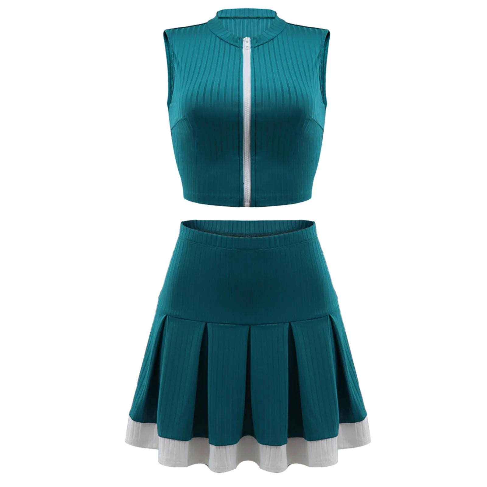 Womens Yoga Skirt Set Casual Ribbed Outfit Sleeveless Crop Top High Waist Contrast Color Ruffled Skirt for Golf Tennis Badminton