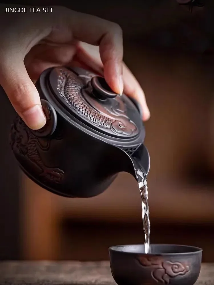 Purple Pottery Dragon Gaiwan Teacup Set Portable Tea Set Outdoor Travel Tea Infuser Retro Teapot and Cup Set Exquisite Teaware