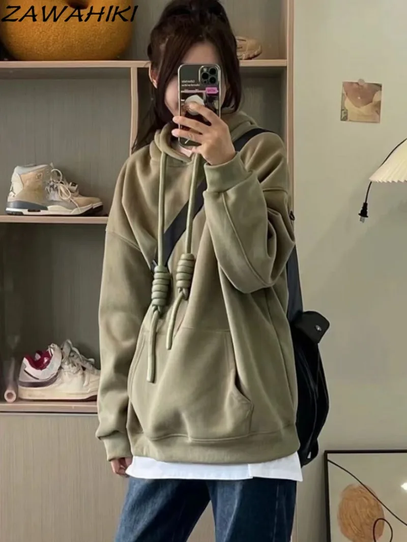 

Fall Winter New Arrive Solid Color Loose Hoodies Sweatshirt Women Minimalist All Match Fashion Warm Casual Teenagers Chic Top
