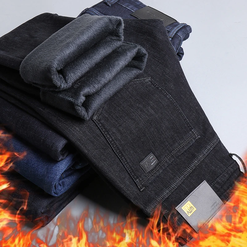 

Classic Brand Men's Warm Jeans Autumn Winter Plus Velvet Thick Business Straight Denim Trousers Male Loose Casual Fleece Pants