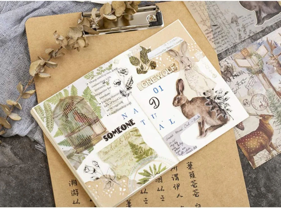 Vintage Sticker Set 15 Sheets Animal Bee Owl Horse Deer Swallow Wolf Rabbit Mushroom Butterfly Insect Plant Decorative Sticker