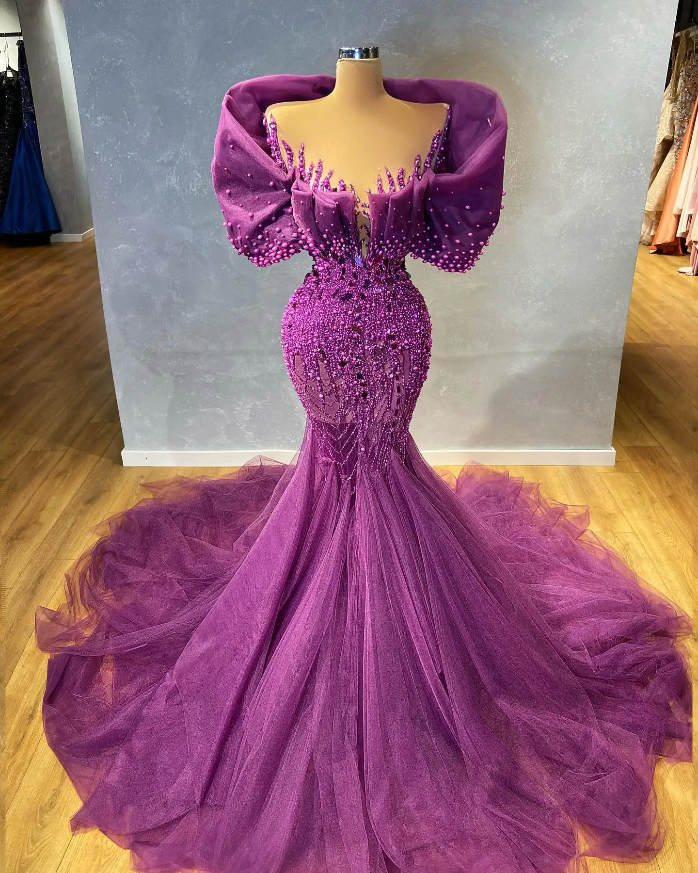 

Purple Elegant Mermaid Evening Dresses Luxury Beaded Sequined Sweep Train Formal Prom Party Gowns Custom Made Vestido De Novia