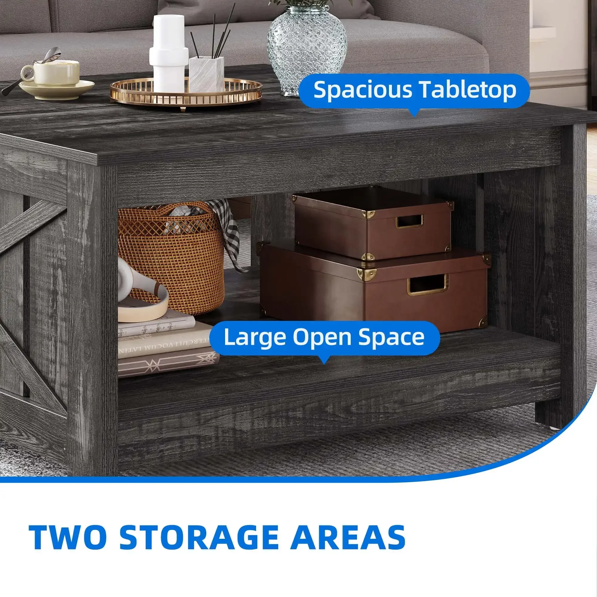 Square Coffee Table, Farmhouse Coffee Table with Half Open Storage Compartment, Rustic Gray 6