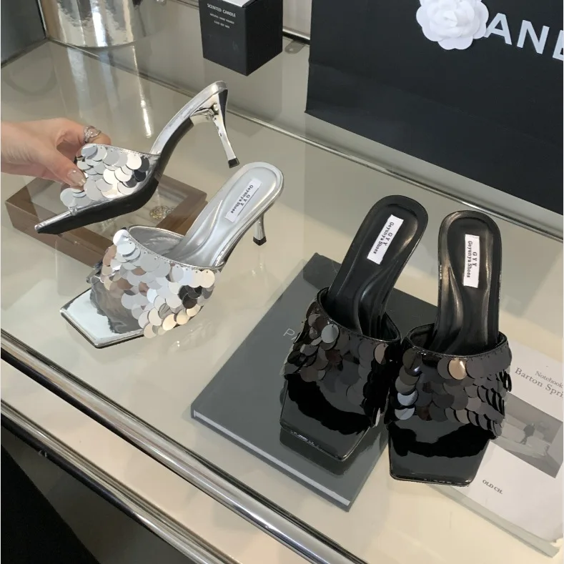 

Shoes Slippers Heels Square Toe Slipers Women Slides Low High 2024 Rubber Rome Bling Fabric PU Hoof Shoes Ladies' Slippers Low W