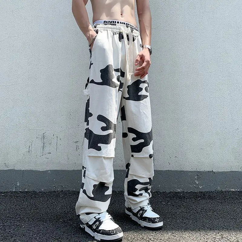 American Trend Vintage Summer Casual Cargo Pants Men Print Elastic Waist Drawstring High Street Loose Straigh Wide Leg Trousers