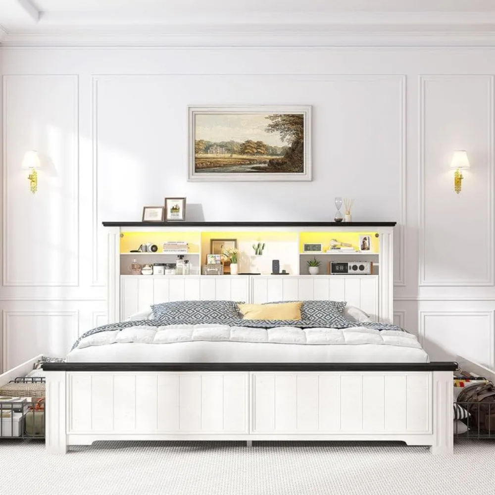 EnHomee Queen Bed Frame with Headboard and Storage, 4 Drawers & LED & USB Bed Frame Queen Size with Storage Farmhouse, Built in 3