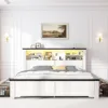 EnHomee Queen Bed Frame with Headboard and Storage, 4 Drawers & LED & USB Bed Frame Queen Size with Storage Farmhouse, Built in 3