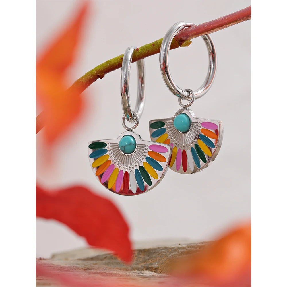 Yhpup Y2K Colorful Enamel Stainless Steel Fan Geometric Bohemian Rainbow Drop Hoop Earrings Women Trendy Fashion Charm Jewelry - Image 2