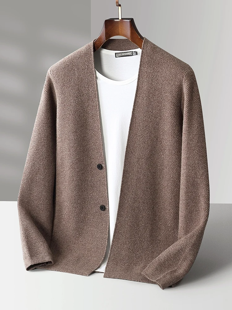 CHICUU Autumn Winter Men Cashmere Sweater Coat Basic V-neck Cardigan 100% Merino Wool Knitwear Smart Casual Jacket Korean Tops 2