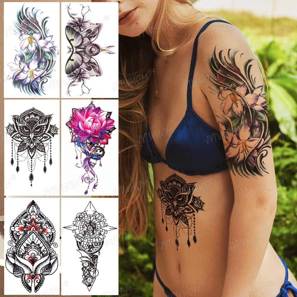 

Sexy Lace Lotus Pendants Tattoos For Women Blach Henna Temporary Tattoo Sticker Water Transfer Fake Jewelry Bracelet Tatoo Paste