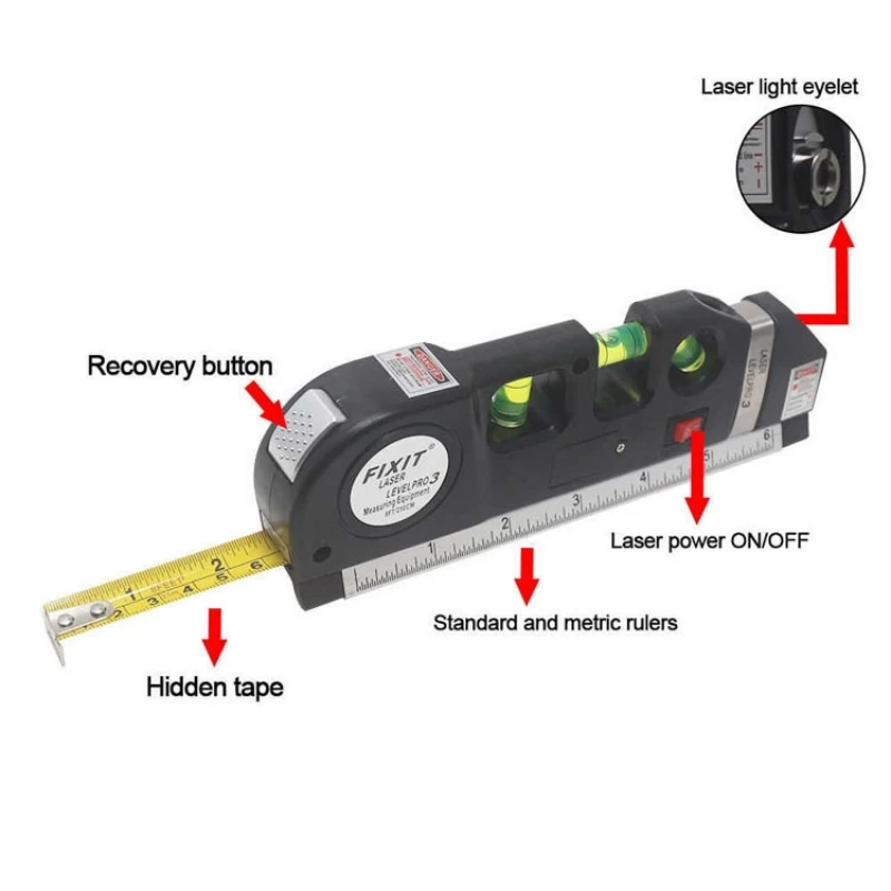 Laser Level Multipurpose Line Laser Leveler Tool Cross Line Lasers With 8FT 2.5M Standard Measure Tape and Metric Rulers 6