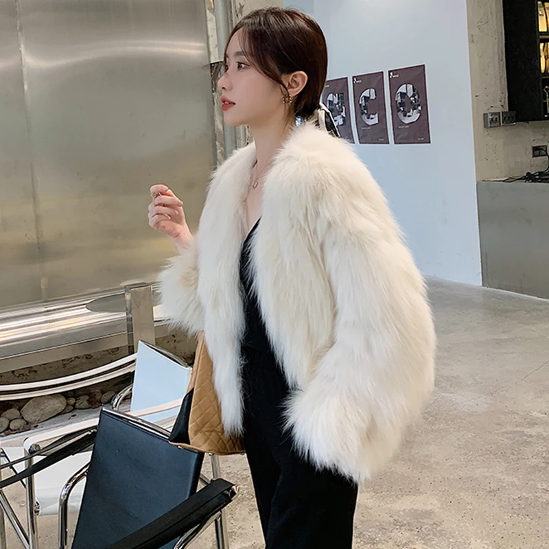 Korean Faux Fox Fur Coat Women Autumn Winter V-Neck Short Jacket All-Match Warm Long Sleeve Luxury Outwear Loose Shaggy Overcoat