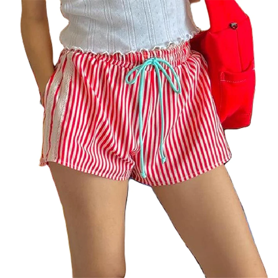 Puloru Hotsweet Striped Shorts Women's Summer Lace Trim Elastic Waist Drawstring Casual Shorts For Streetwear Lounge Bottoms_ecoleips.com