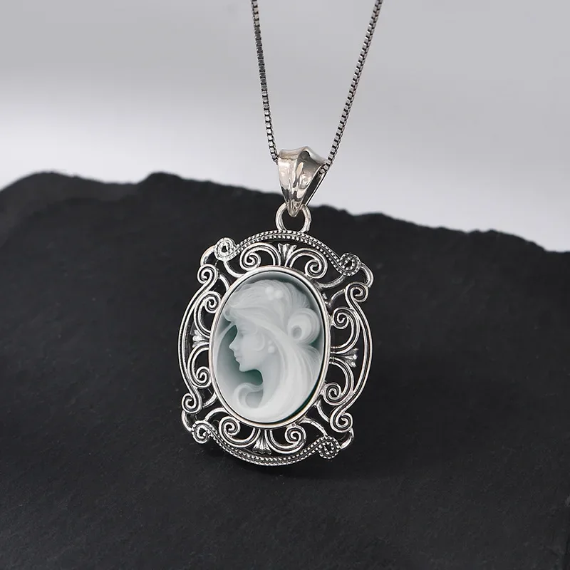 S925 sterling silver pendants for women men new fashion blue agate beauty head sculpture Palace style jewelry free shipping