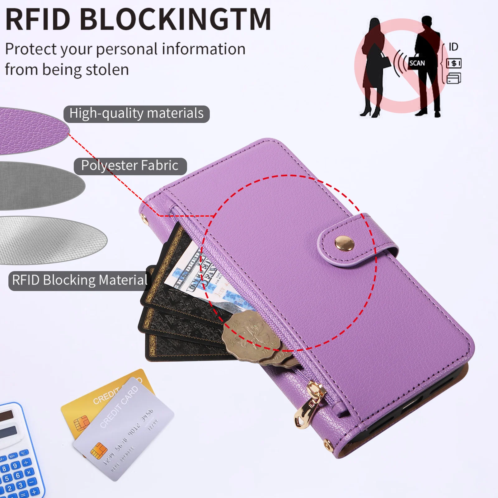 Women's Faux Leather Crossbody Protective Case with Coin Purse, Multi-Card Slots, Mirror, and Makeup Holder