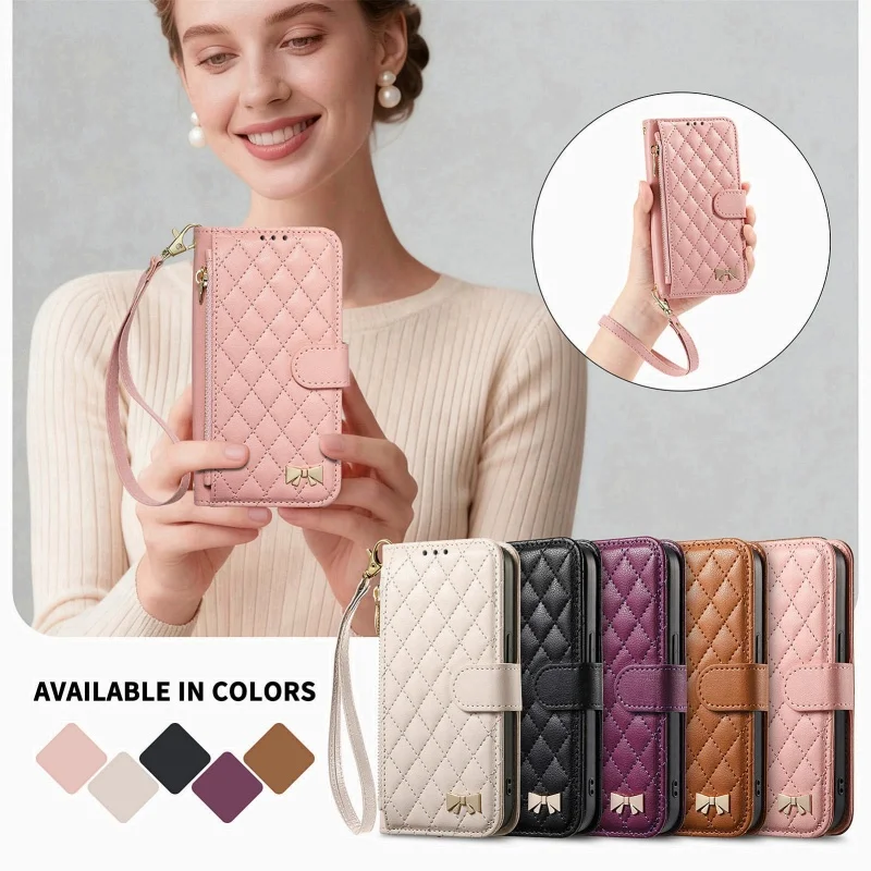 Zipper Leather Wallet Phone Case with Wrist Strap and Card Holder