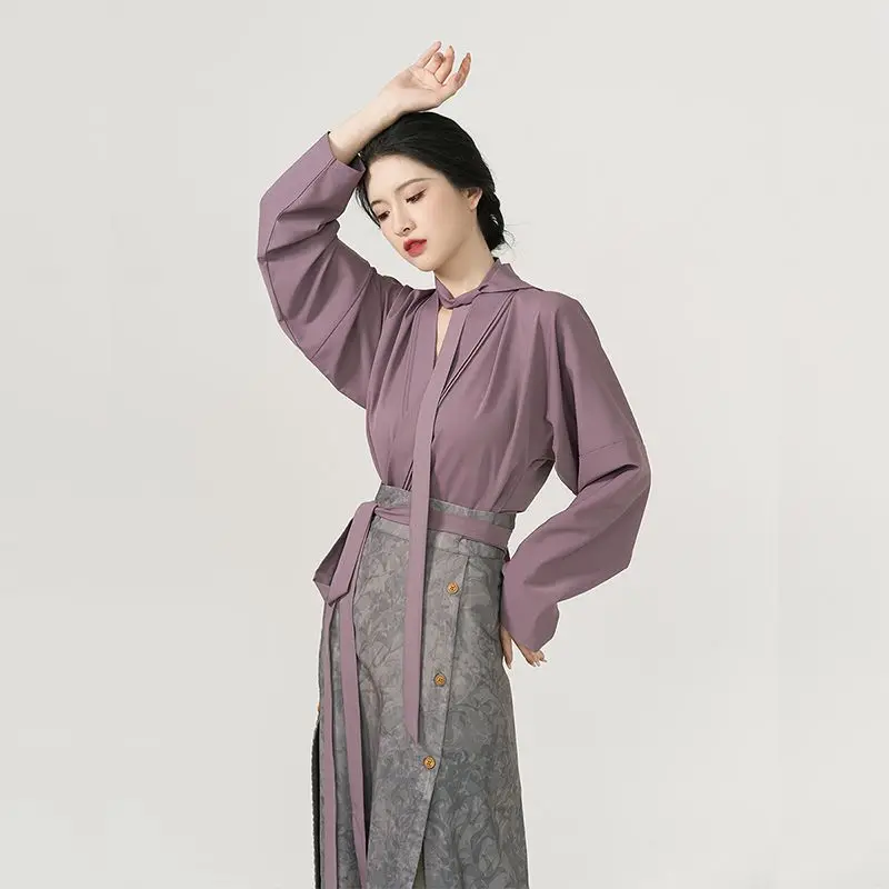 

New Chinese Style Han Element Suit Daily Work Hanfu Costume Improved Hanfu Purple Shirt&skirt Long Aircraft Sleeves Tang Qipao