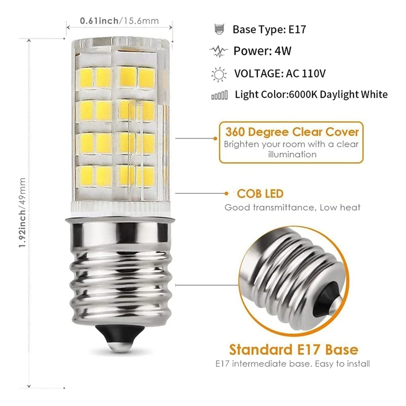 2 Pack 4W Dimmable LED E17 Microwave Oven Bulb , Daylight 6000K 40W Halogen Equivalent Light ,Ceramic E17 LED Bulb 5