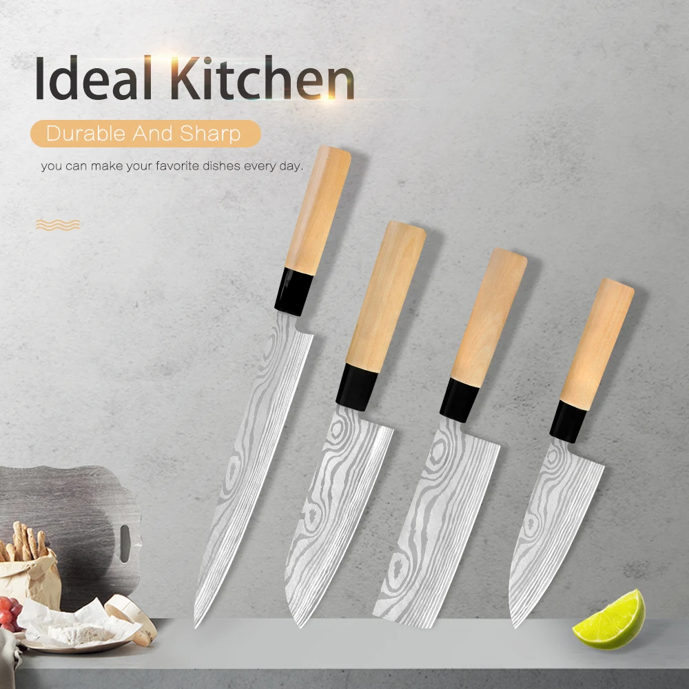 Description Picture 3 of itemRZD Stainless Steel Sushi Sashimi  Japanese Chef Knives Set Damascus Pattern Veins Cooking Cleaver Chopping Fillet Fishing Tools