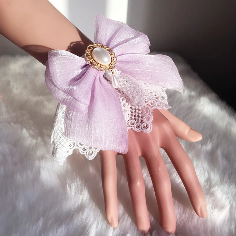 

1Pair Lolita Fake Sleeves Pearl Lace Trim Hand Wrist Cuffs Bowknot for Women Multicolor Wedding Girls Maid Cosplay Party
