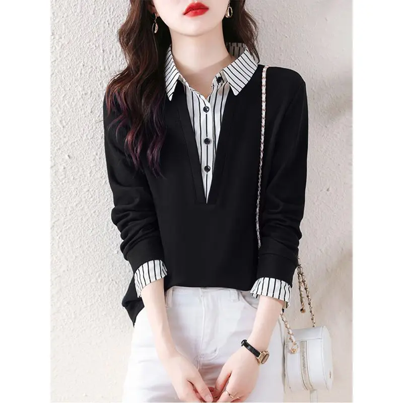 Korean Fashion Elegant Striped Print Patchwork Street Sweatshirt Women Casual Long Sleeve Slim Pullover Top Female Clothing 2023