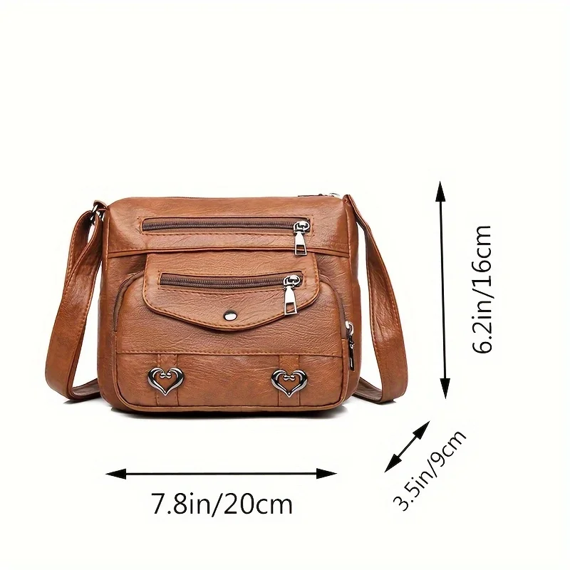 Women's Brown Black Pu Leather Shoulder Messenger Bag with Heart and Tassel Embellishments - Adjustable Strap, Zipper Closure