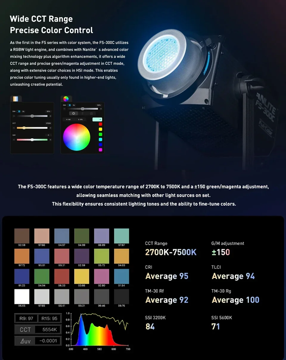 Nanlite FS-300C RGB Continuous Video Light 2700K-7500K LED Photography Lighting