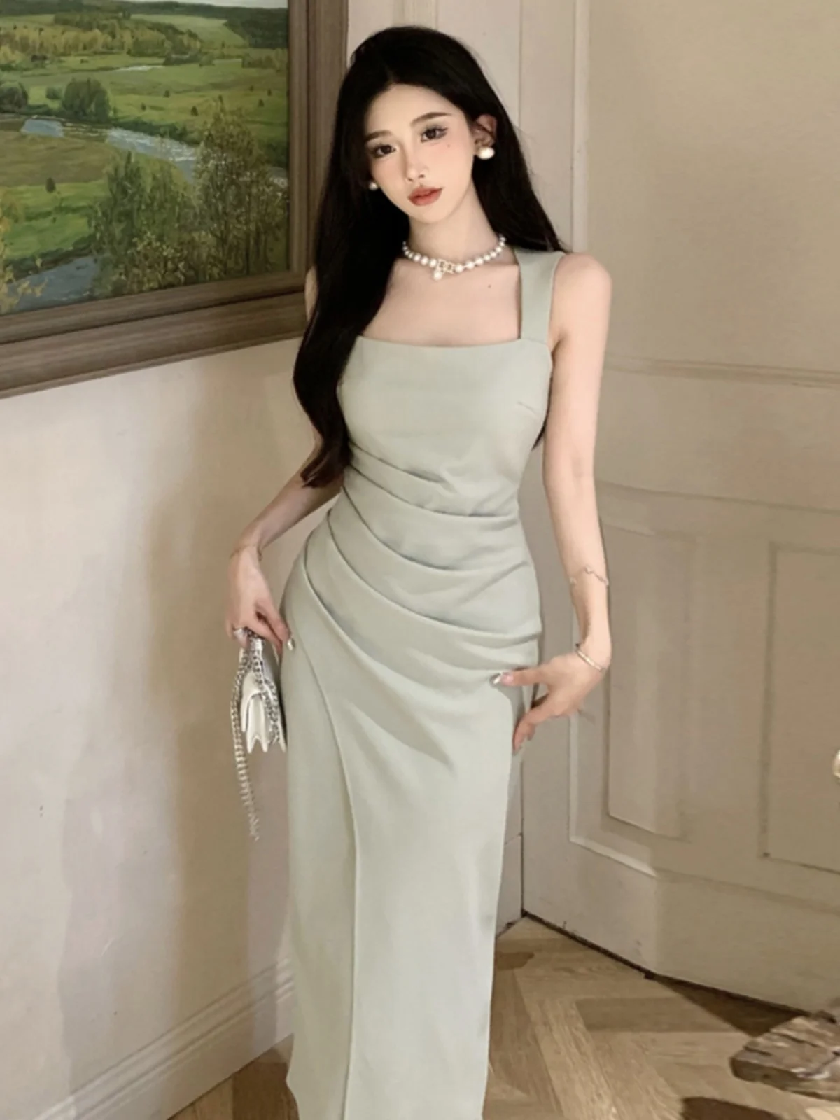 

Harajpoo French Sexy Collarbone Revealing Women Dress High Waistline Waist Closing Pleats Slimming Mid Length Hip Wrap Vestidos