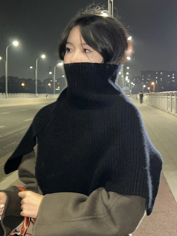 여성용 100% 울 짧은 판초 터틀넥 숄 랩, 두꺼운 갈비뼈, 니트 액세서리 케이프, 소프트 울 스카프, 넥 워머 카파 2023