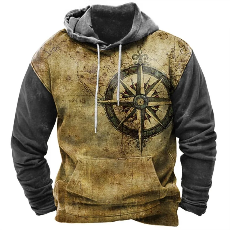 thumbnail image 1 of Sudadera con capucha con gráfico de brújula retro para hombre, sudadera de manga larga de gran tamaño, sudadera con capucha con estampado completo, ropa de calle vintage para hombre, 1 of 5