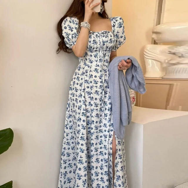 Elegant Puff Sleeve Floral Print Dress Women Summer High Split Long Dresses Woman 2025 Zipper Square Collar Party Dress Female - Image 2