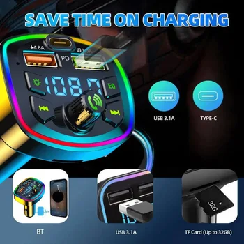 Multifunctional Car PD Fast Charging Bluetooth 5.0 To MP3 Player Colorful Atmosphere Light Cars Charger 2in1 Player Auto Charger