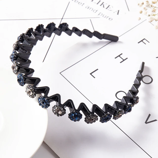 Fashion Pearl Non-Slip Rhinestone Hairbands Elastic Flower Women Hair Hoop Bands Headband Bezel Girls Hair Accessories Headdress grey blue