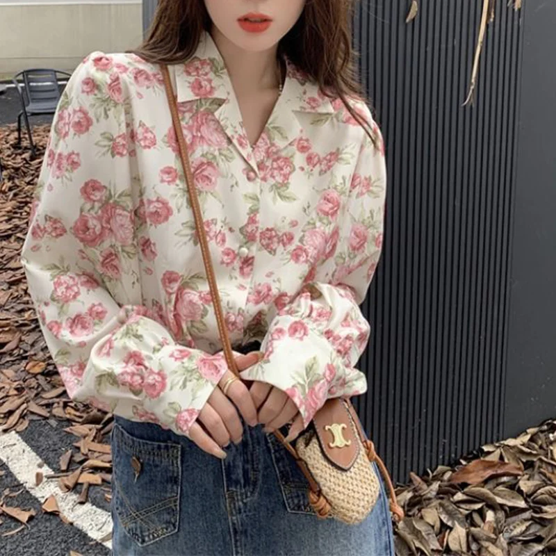 Women Clothing Korean Floral Turn-down Collar Long Sleeve Blouse Spring Fashionable Buttons Shirts Female Vintage Printing Tops