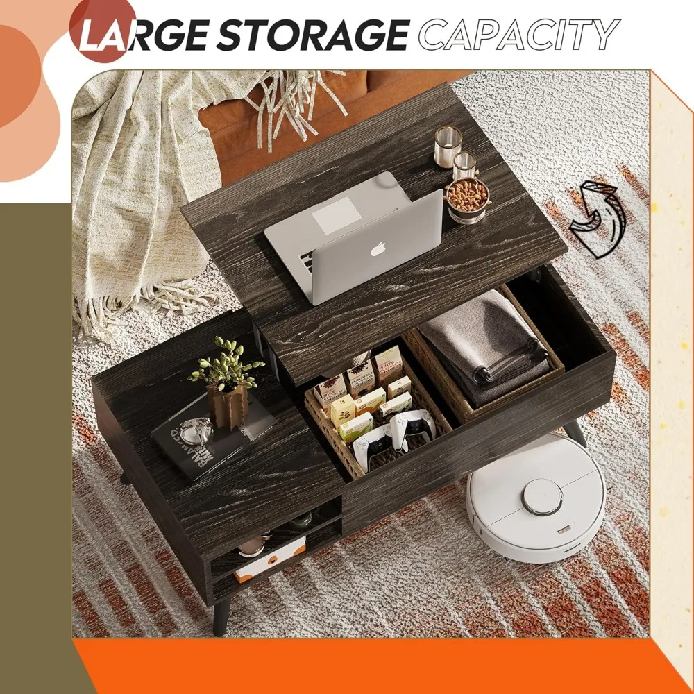 Wood Lift Top Coffee Table with Hidden Compartment and Adjustable Storage Shelf, Lift Tabletop Dining Coffee Tables 5